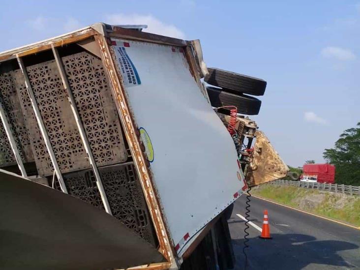 En carretera Veracruz-Córdoba, tráiler impacta a autobús y provoca volcadura