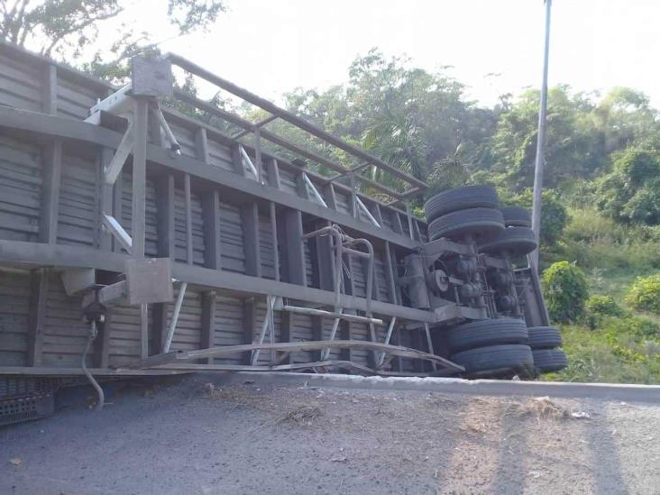 En carretera Veracruz-Córdoba, tráiler impacta a autobús y provoca volcadura