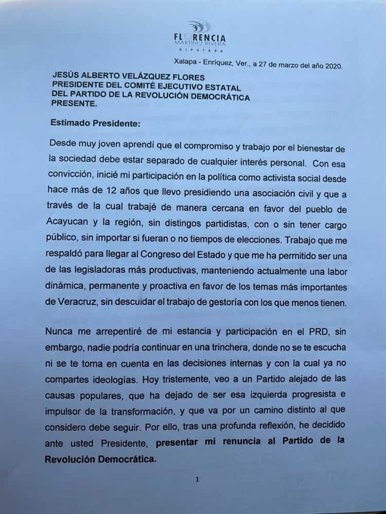 Diputada Florencia Martínez renuncia al PRD-Veracruz