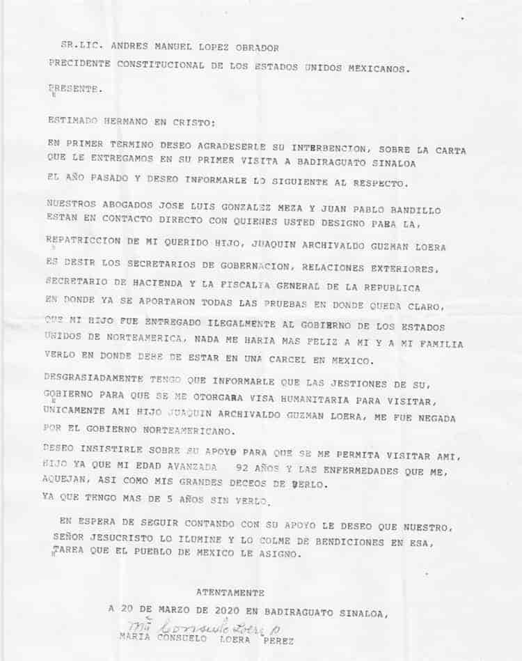 Esta es la carta que entregó la mamá del Chapo a AMLO