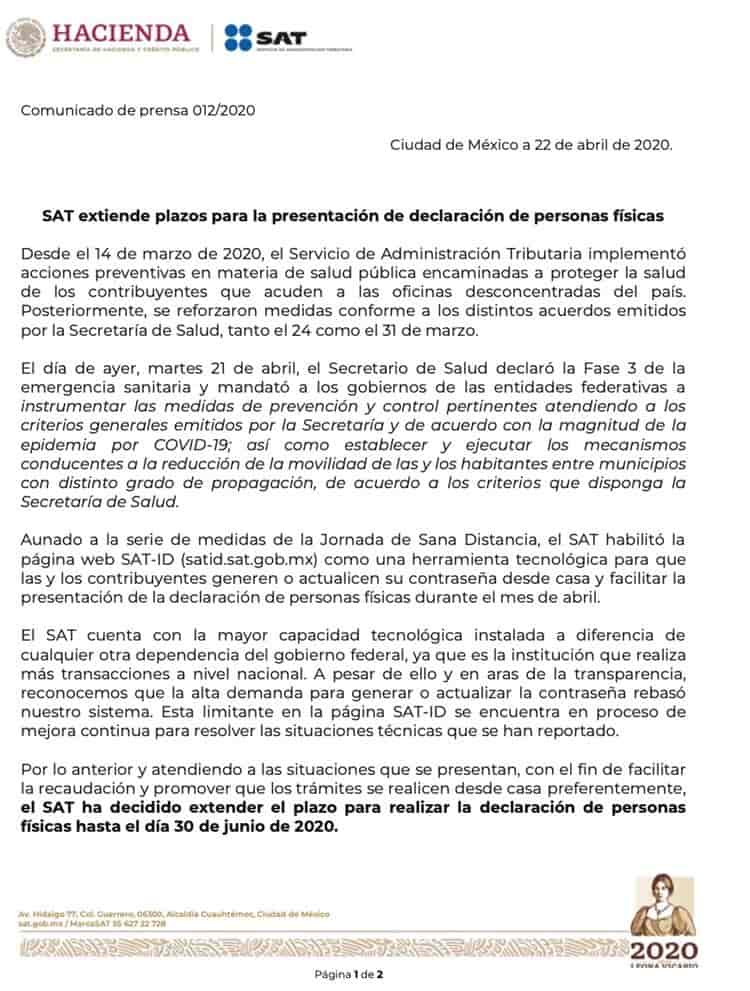 SAT extiende al 30 de junio para presentar declaración anual a personas físicas