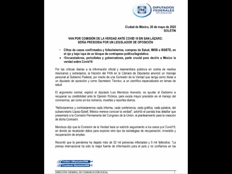 PAN propone Comisión de la Verdad para actuación de gobierno por Covid-19