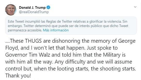 Twitter oculta mensaje de Trump por glorificar la violencia