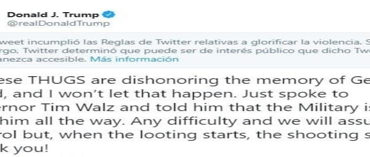 Twitter oculta mensaje de Trump por glorificar la violencia