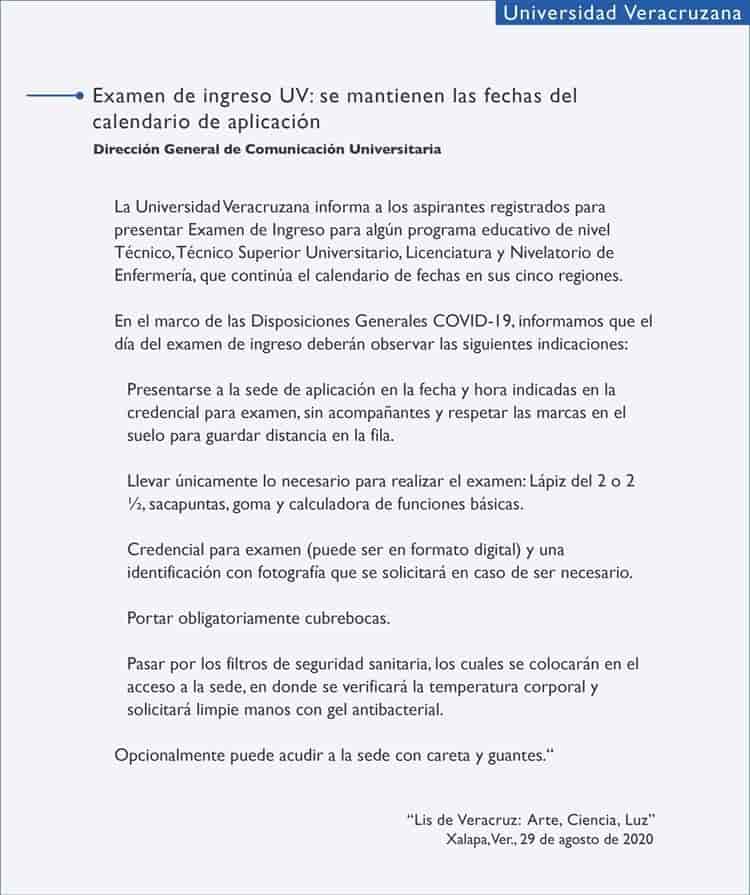 Este lunes arrancan exámenes de ingreso a la UV