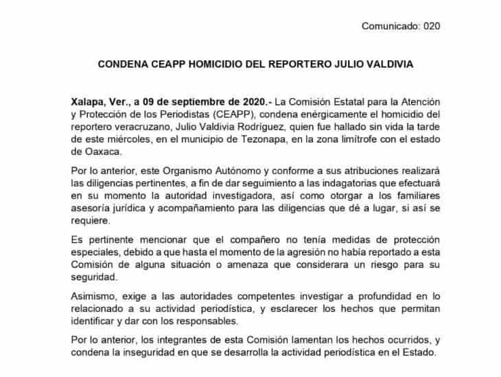 CEAPP condena el homicidio del reportero veracruzano Julio Valdivia