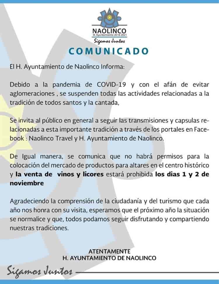 Por pandemia, suspenden en Naolinco actividades del Día de Muertos