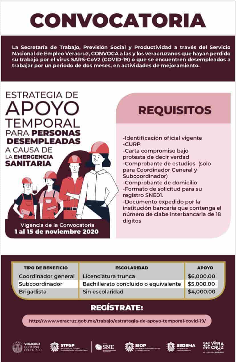 Emiten convocatoria para empleo temporal en Veracruz