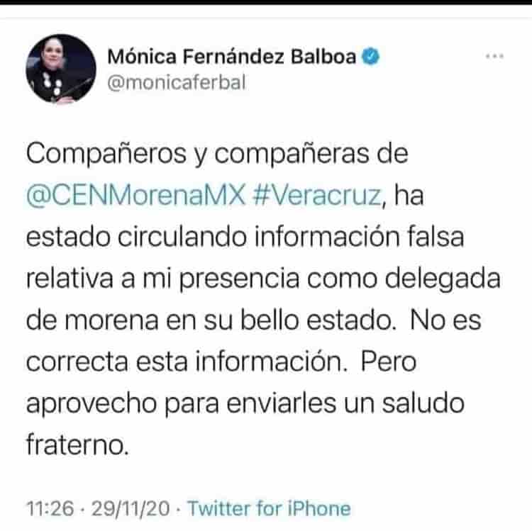 Desmiente Mónica Fernández haber sido enviada a Veracruz como Delegada de Morena