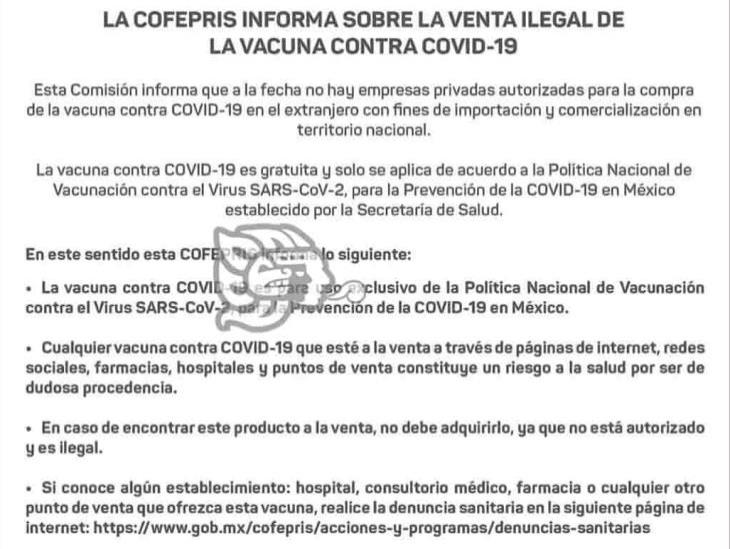 SSA alerta sobre la venta ilegal de falsas vacunas contra el Covid-19