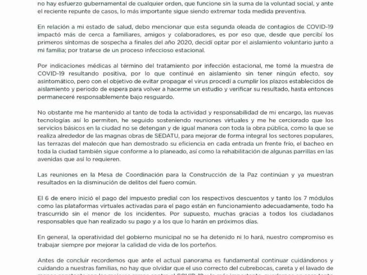 Alcalde de Coatzacoalcos confirma dar positivo a Covid-19