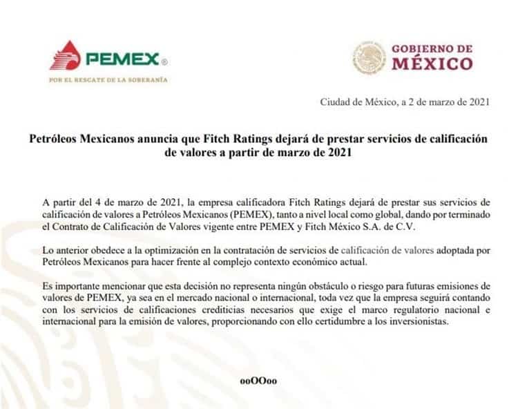 Pemex cancela contrato y anuncia que Fitch Ratings dejará de calificarlo