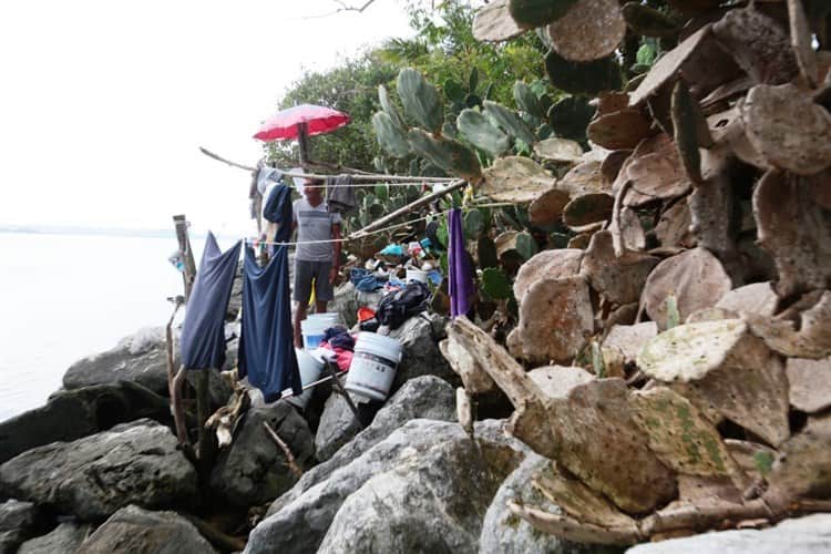 Benito, sobrevive entre nopales; su hogar: las rocas de las escolleras de Coatza