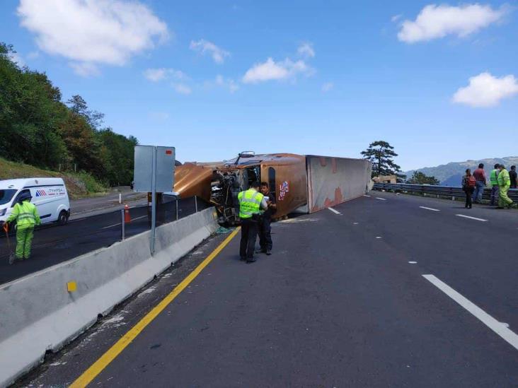 Vuelca tráiler en libramiento de Xalapa; logran evitar rapiña