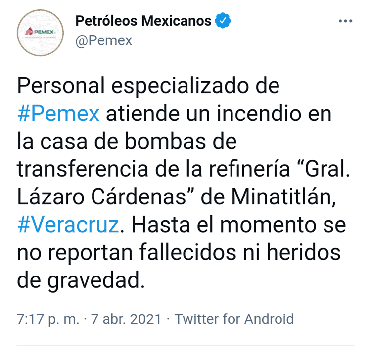 No se reportan heridos de gravedad en refinería de Minatitlán: Pemex