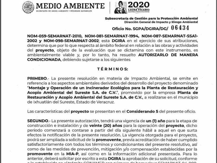 Semarnat autoriza construcción de incinerador ecológico en Ixhuatlán del Sureste