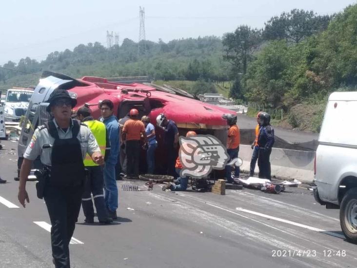 Vuelca tráiler con pescado en la Xalapa-Perote; dos fallecidos