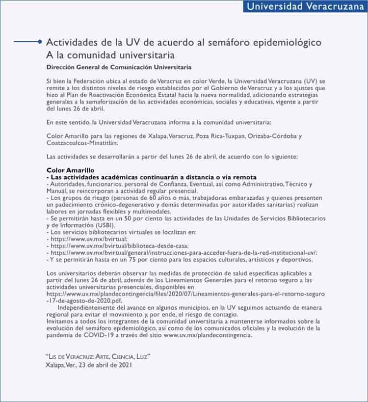 El lunes, autoridades de la UV regresan a actividades presenciales