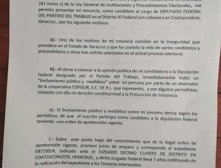 Renuncia Martínez Escudero a la candidatura del PT; teme detención