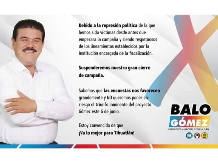 Candidato suspende cierre de campaña en Tihuatlán; acusa amenazas