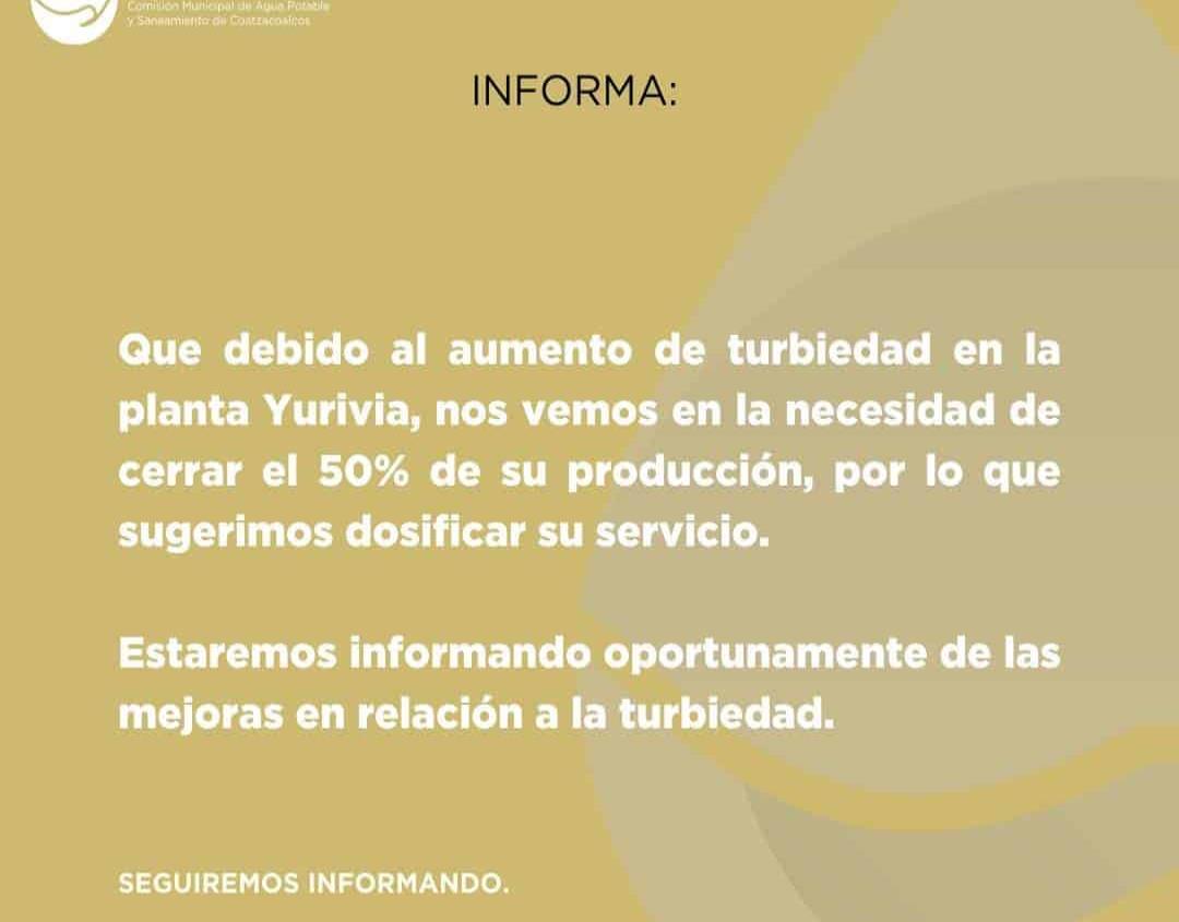 Por intensas lluvias, disminuye envío de agua en Coatzacoalcos