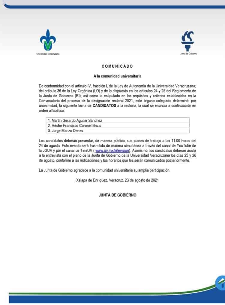 De esta terna saldrá el próximo rector de la Universidad Veracruzana