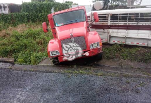Tracto-camión quedó fuera de la autopista Cosoleacaque-Acayucan