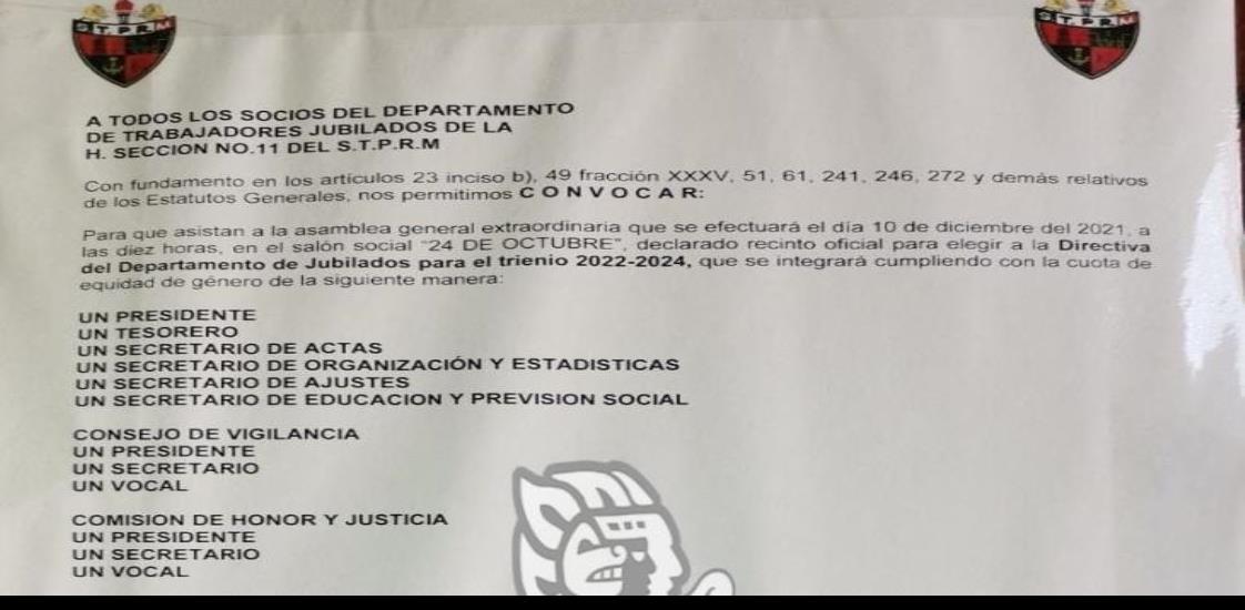 Lanzan convocatoria para elegir presidente de jubilados de la Sección 11