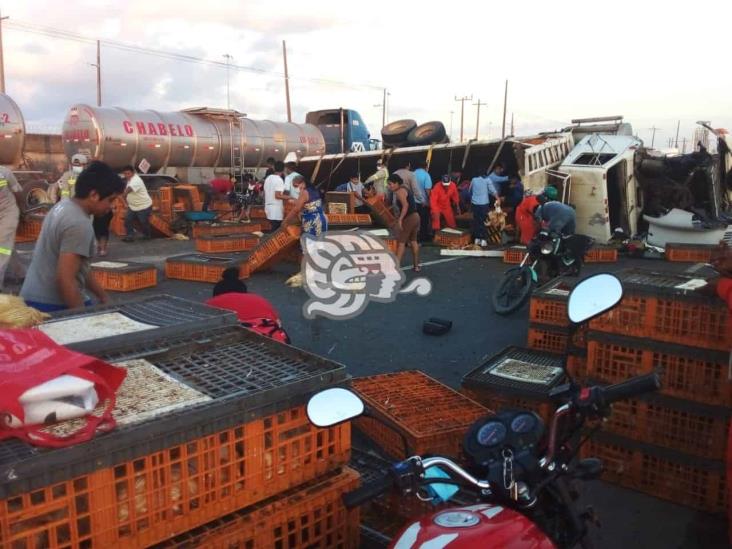 Rapiñan pollos en la Coatza-Villa tras accidente de tráiler