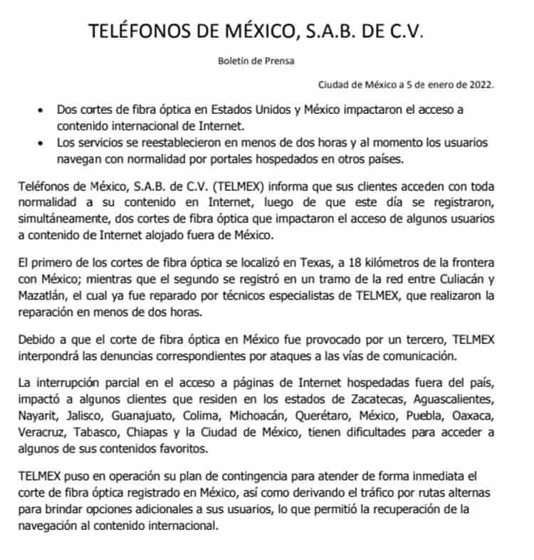 Así explicó Telmex la caída de su servicio de internet