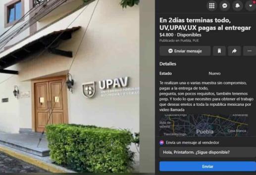 En Facebook venden títulos legales de la UV, la UX y UPAV en 5 mil pesos