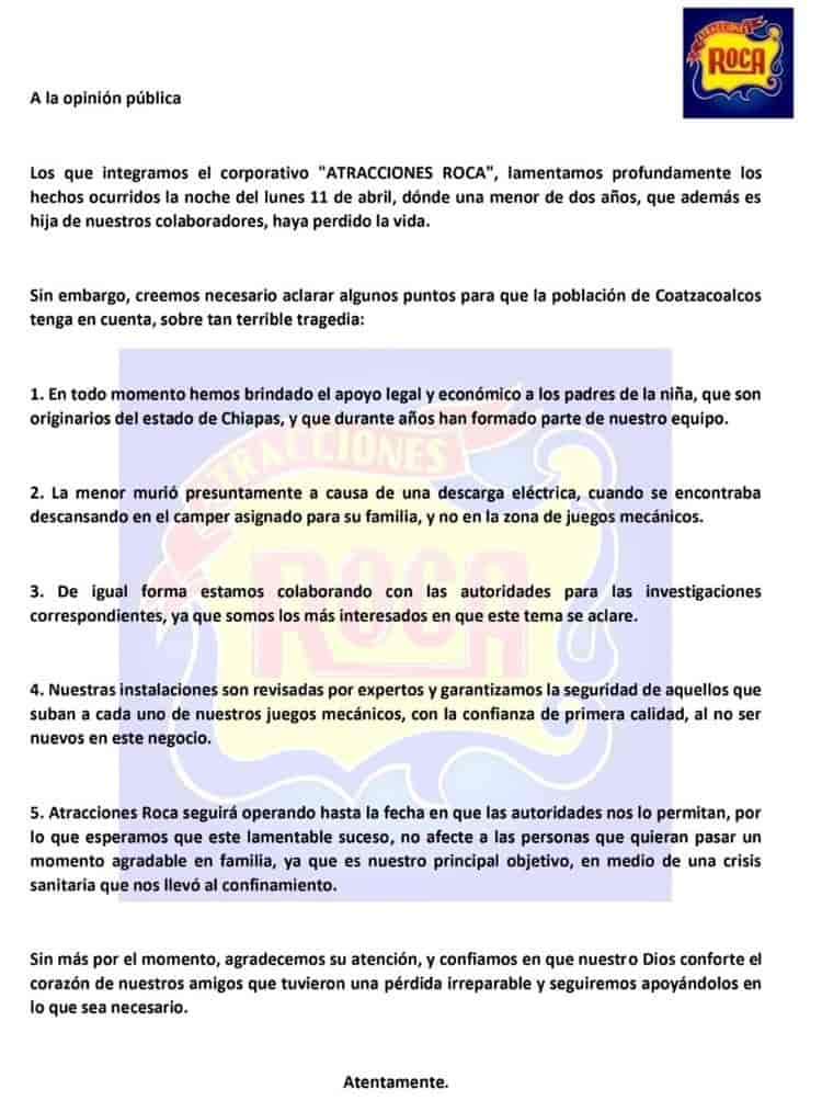 Atracciones Roca aclara situación de muerte de menor en Coatzacolcos