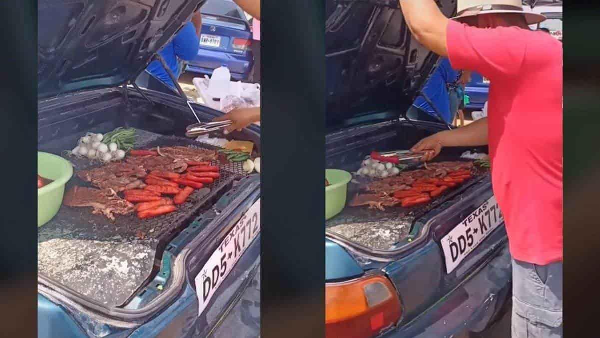 Hombre se hace viral al cocinar una carnita asada en la cajuela de su automóvil