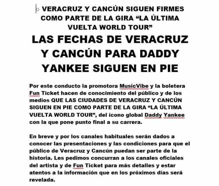 Boletera anuncia que sigue en pie concierto de Daddy Yankee en Veracruz