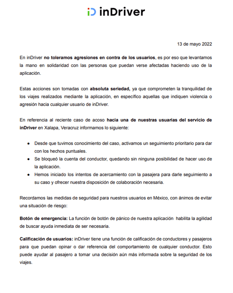 InDriver anula permiso a conductor en Veracruz por presunto acoso contra mujeres