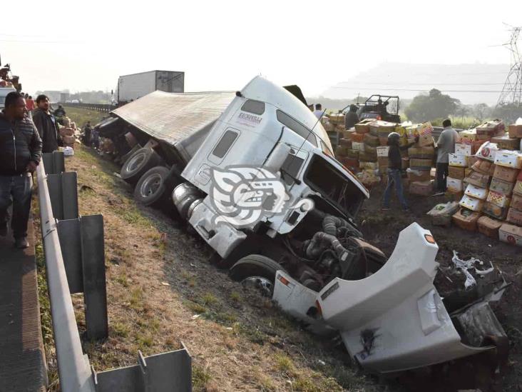 Vuelca tráiler cargado con plátano en la Córdoba-Puebla; rapiñeros se hacen presentes