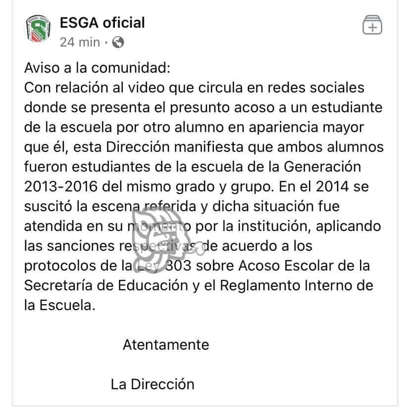 Videos de violencia en la ESGA son antiguos y ya están resueltos: director