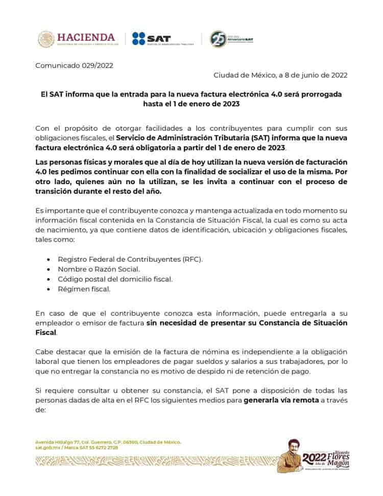 SAT da prórroga hasta 2023 nueva facturación; habrá más tiempo para constancia fiscal