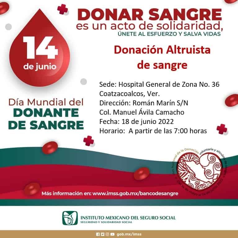 Tendrá HGZ No. 36 de Coatzacoalcos Jornada de Donación Altruista de Sangre