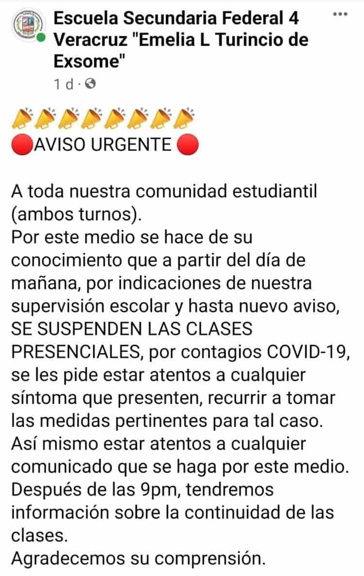 En Veracruz, escuela secundaria suspende clases presenciales por contagios de covid