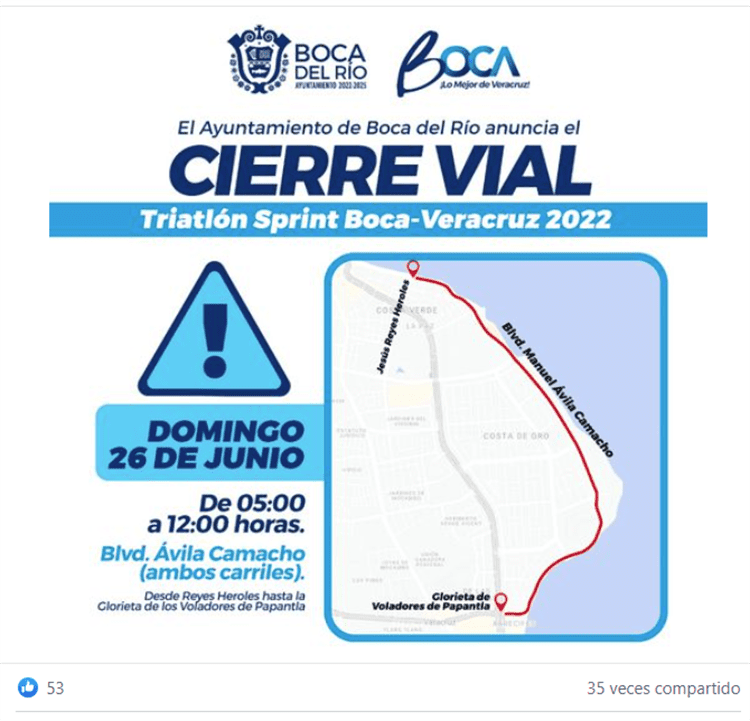 Cierran calles en el municipio de Boca del Río por evento deportivo