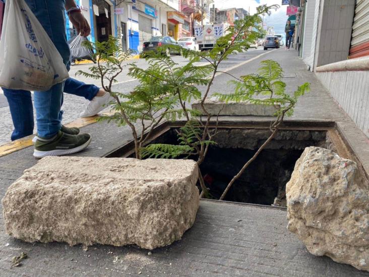 Ya lleva 2 meses; advierten por registro sin tapa en pleno centro de Xalapa