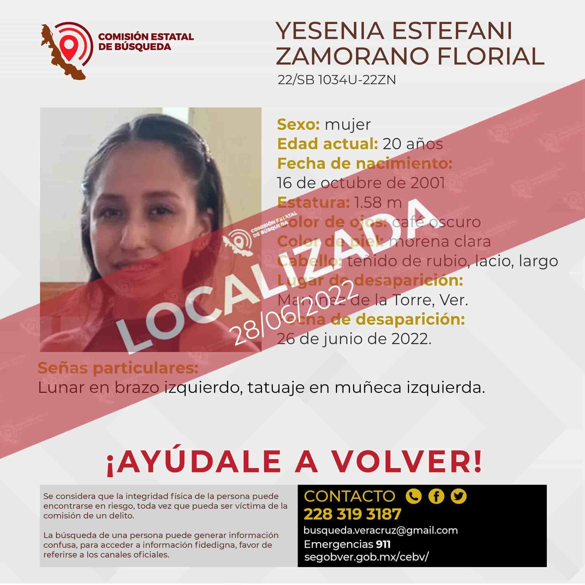 Localizada, Yesenia Estefani, joven de 20 años desaparecida en Martínez de la Torre