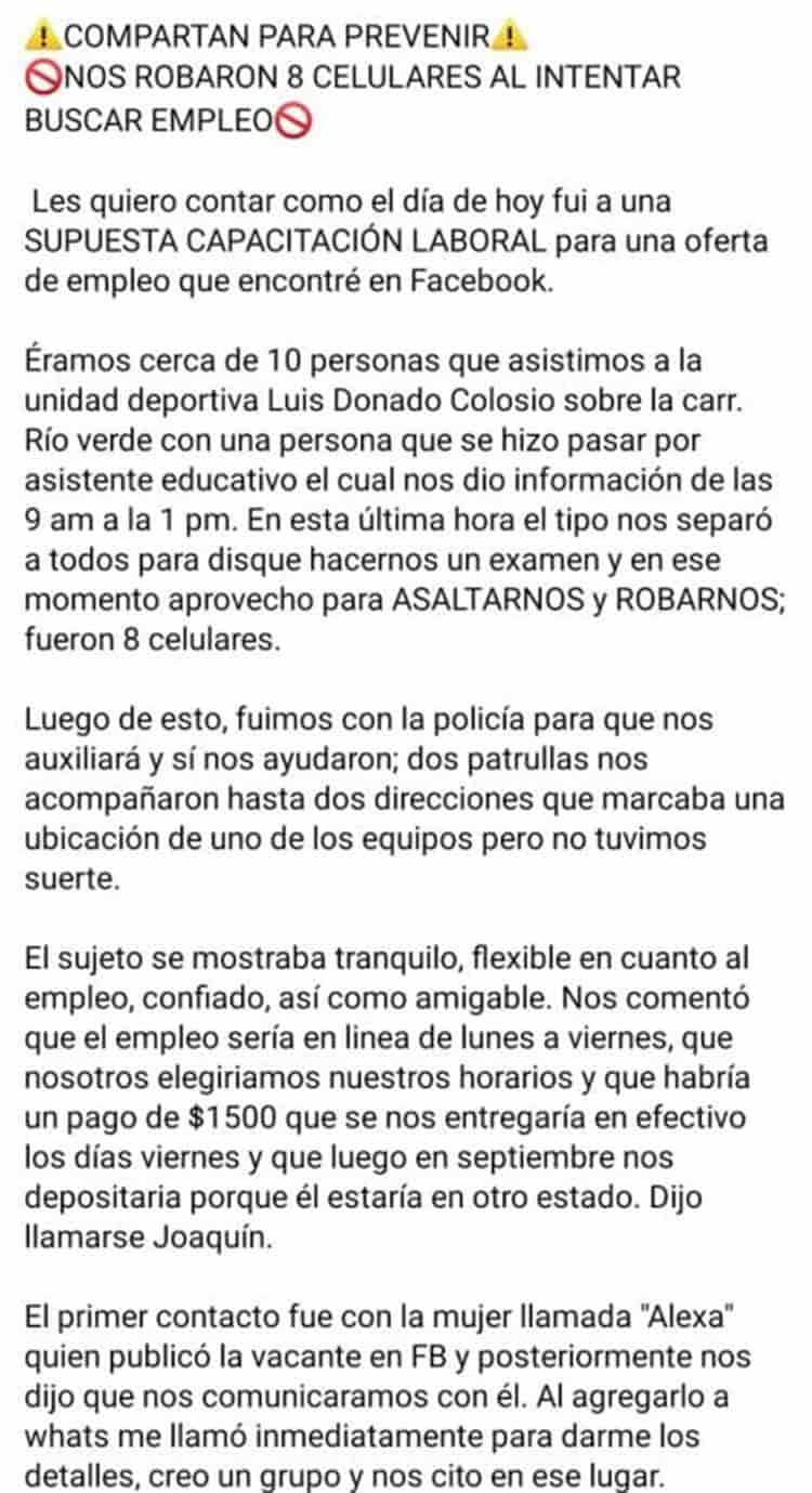 Jóvenes fueron asaltados en entrevista de trabajo; reclutador huye con 8 teléfonos