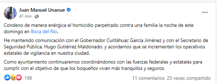 Condena Juan Manuel de Unánue homicidio de familia en Boca del Río