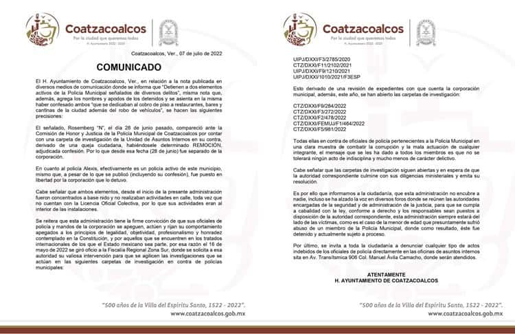 Postura del Ayuntamiento respecto a detención de ex policías