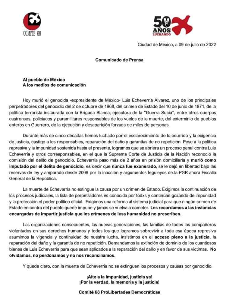 Comité 68 Pro Libertades Democrática pide extinción de bienes de Luis Echeverría