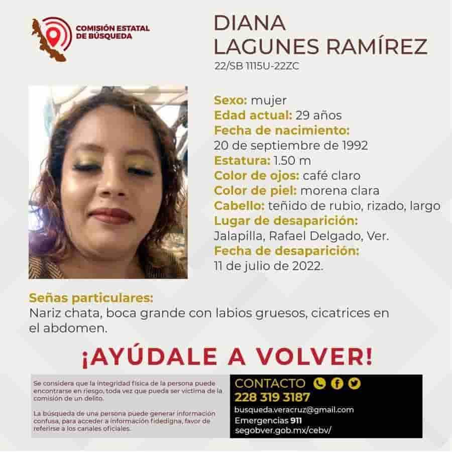 Piden apoyo para localizar a Diana Lagunes Ramírez; desapareció en Rafael Delgado