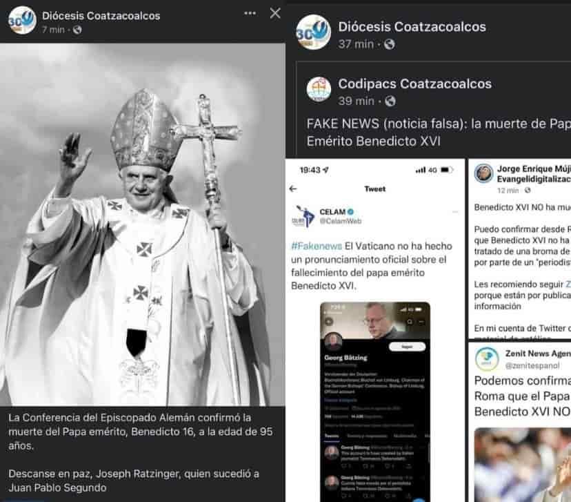 Cae en la fake news de Benedicto XVI la Diócesis de Coatzacoalcos 