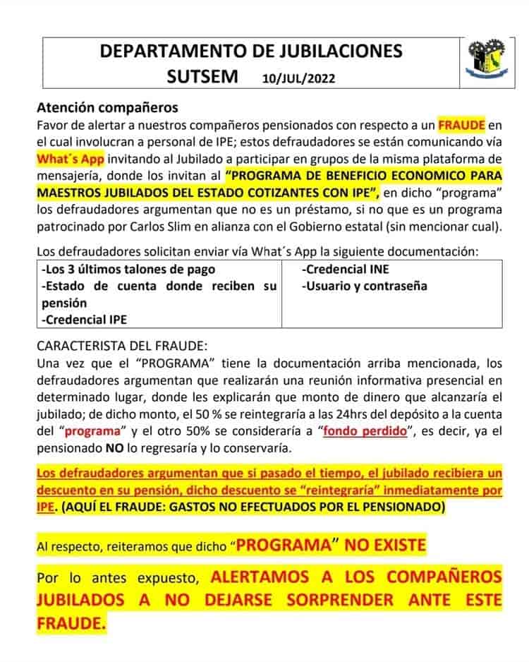 SUTSEM alerta a maestros jubilados a no caer en fraude sobre beneficio económico